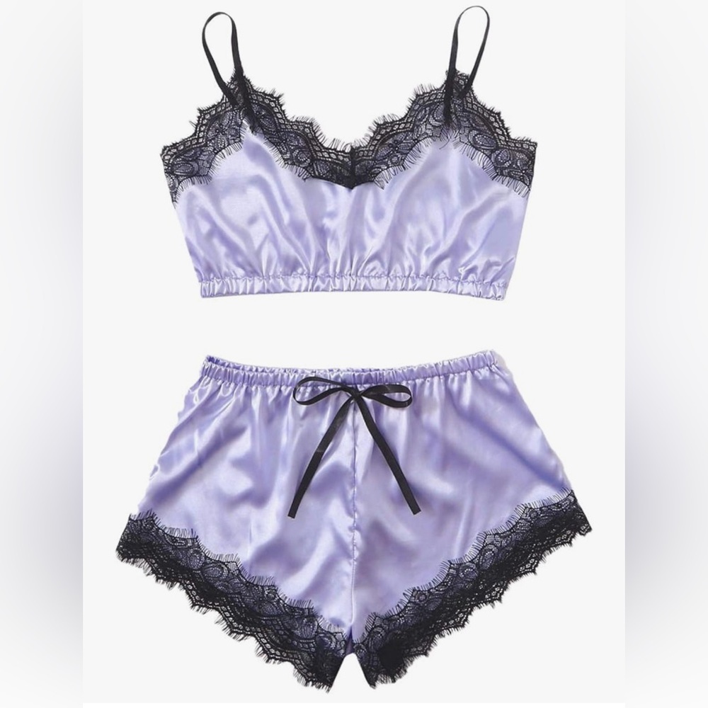 🎃 Purple Satin Lace Trim Sleepwear Set